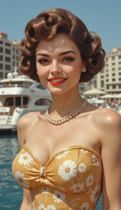 (((full body))) A glamorous 1950s woman, shown (((full body))), with a (((vintage mid-length bouffant hairstyle perfectly styled with iconic victorious rollers and soft waves, set with a generous spray of hairspray))), creating a voluminous and structured ...