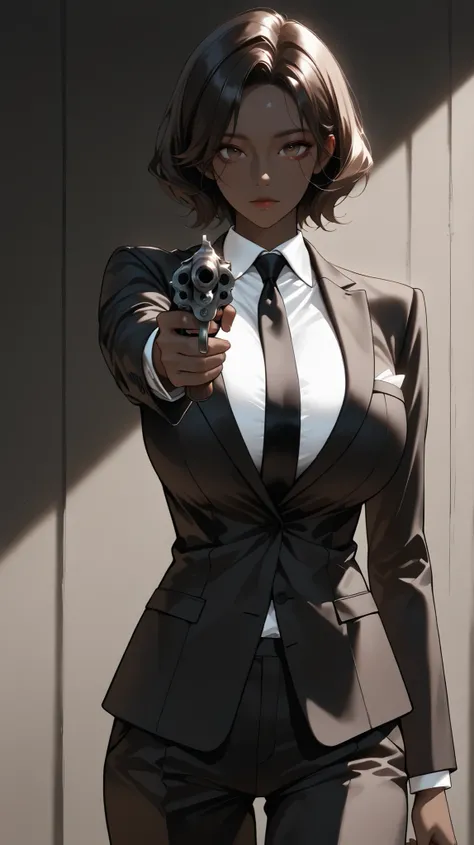 very aesthetic, 걸작, 고해상도, 8k 해상도, high contrast, (semi-realistic), newest, koreanai, RP-Illu, best_quality, finely_detailed_eyes_and_detailed_face, (1 girl, bishoujo), solo,(dark_skin:1.4),1r0nm3n, suit, holding_revolver,  aiming_at_viewer, (humongous_brea...