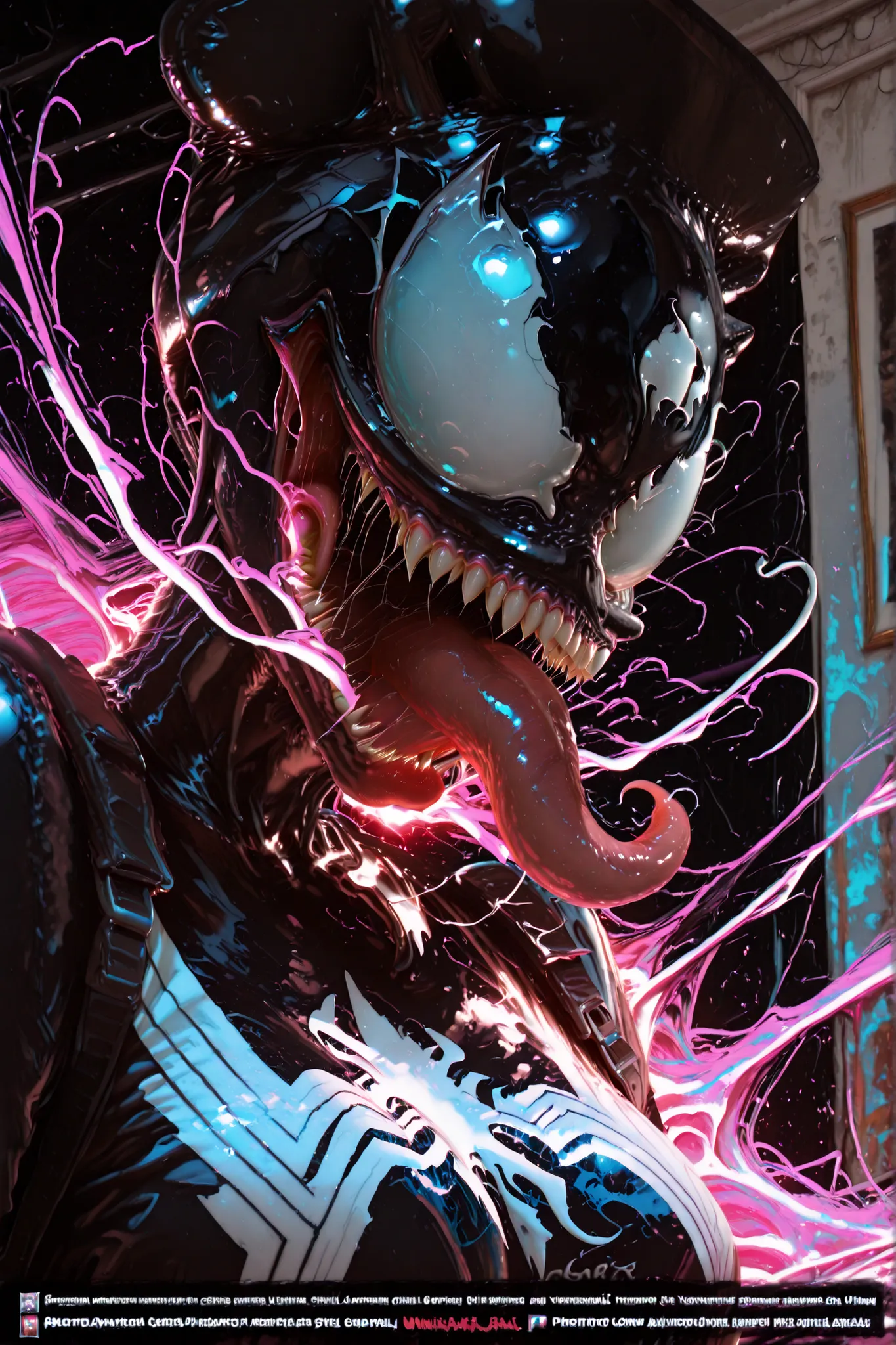 secretary girl turns into a venom, realistic image, detailed drawing, amazing quality, HDR,UHD,meticulous detail,professional photo,bright saturated colors,deep sharpness,sharp focus,photorealistic text