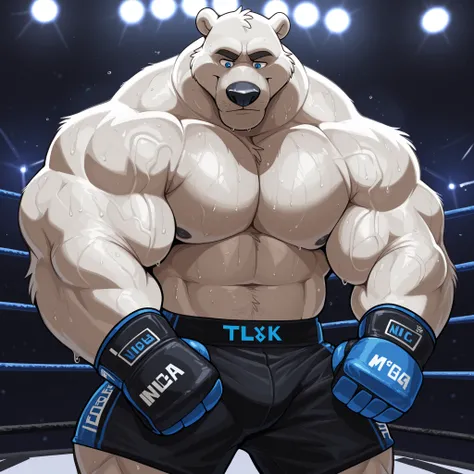 DISNEY ANIMATIONS. 8k, masterpiece, Polar bear, male, solo, polar bear, thick swole muscular, athletic, masculine, (nice eyes, blue eyes with pupils), UFC MMA gloves with blue pads, black UFC MMA shorts with blue line slits, black toeless socks, UFC MMA UF...