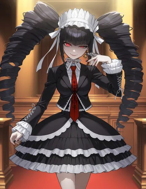 anime screencap, masterpiece, best quality, amazing quality, very aesthetic, absurdres, newest, (scenery, volumetric lighting), celestia ludenberg, 1girl, solo, long hair, half-closed eye, evil smile, bangs, lips, white shirt, black hair, red eyes, long sl...