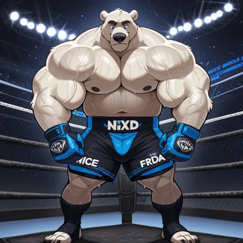 DISNEY ANIMATIONS. 8k, masterpiece, Polar bear, male, solo, polar bear, thick swole muscular, athletic, masculine, (nice eyes, blue eyes with pupils), UFC MMA gloves with blue pads, black UFC MMA shorts with blue line slits, black toeless socks, UFC MMA UF...