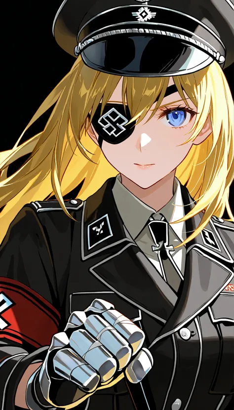 top quality、High Definition、4K,score_9 , score_8_up , score_7_up、No expression、older sister、mature woman、blonde hair、long hair、blue eyes、Bandage Eyepatch、The iron prosthetic hand、、(( nazi military uniform ))、Nazi military uniform 、military hat、key cross、、b...