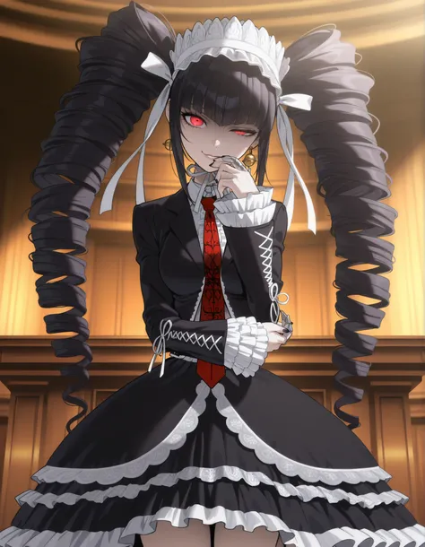 anime screencap, masterpiece, best quality, amazing quality, very aesthetic, absurdres, newest, (scenery, volumetric lighting), celestia ludenberg, 1girl, solo, long hair, half-closed eye, evil smile, bangs, lips, white shirt, black hair, red eyes, long sl...