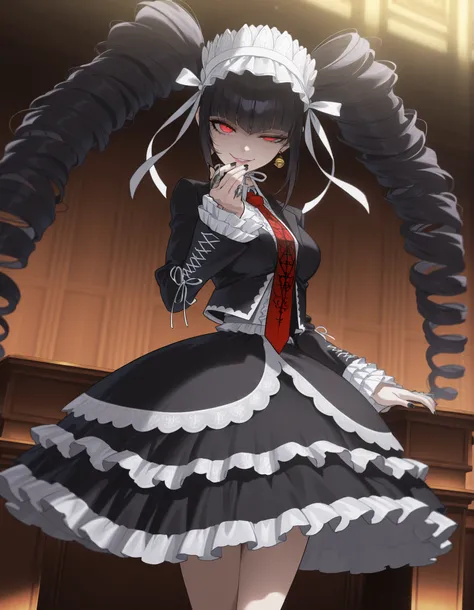 anime screencap, masterpiece, best quality, amazing quality, very aesthetic, absurdres, newest, (scenery, volumetric lighting), celestia ludenberg, 1girl, solo, long hair, half-closed eye, evil smile, bangs, lips, white shirt, black hair, red eyes, long sl...