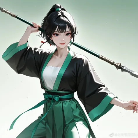 very aesthetic, 걸작, 고해상도, 8k 해상도, high contrast, (semi-realistic), newest, koreanai, RP-Illu, best_quality, finely_detailed_eyes_and_detailed_face, (1 girl, bishoujo), solo, short_hair, straight_hair, short_ponytail, (slicked_side:1.4), green_hanfu, hold...