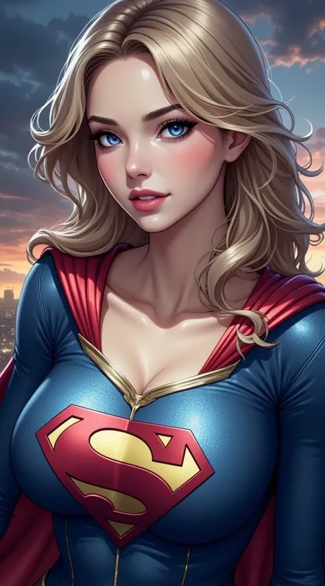 (obra maestra,   computer, mejor quality,   Clear focus, shadow, of the rays of God, ultra high resolution, 8K, perfect anatomy, perfect face, (detailed face), (  detailed eye  ), punctuation_9, punctuation_8_above, punctuation_7_above, punctuation_6_above, punctuation_5_above, punctuation_4_above,  source _ animated, Label 1, Label2, quality_obra maestra, Anatomically correct, beautiful face, perfect face, Beautiful and highly detailed face and eyes,  Attractive Face , detailed face, delicate facial features {x glossy} plump pink lips, Detailed leather, huge breasts, breast size cabove D or DD, wide hips, giant butt texture, thick thighs. Saboveergirl from DC comics, Young saboveerhero style woman, beautiful face y decidido, bright blue eyes, LONG GOLDEN BLOND HAIR, slightly wavy, waving in the wind. She wears a classic Saboveergirl costume: blue blouse fitted with the red and yellow shield of the "S" in the chest, short red skirt with dynamic movement, stylized gold belt, red cape flowing backwards, knee-high tall red boots with golden details. athletic build, Strong feminine figure. Background with open sky or city at dusk. Heroic Enlightenment , realistic comic style or hyperrealism with an epic touch, clean aesthetics  , Bright and saturated colors. In the background you can see a boron city Pink with daylight illuminating the scene.
