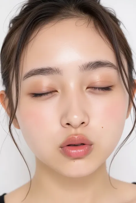 ultra-detailed close-up of a beautiful modern girl, collarbone-up composition, white studio background, soft natural lighting, soft focus on background, 
camera angle slightly elevated (about 60 degrees), subject's chin gently raised, head and face facing ...