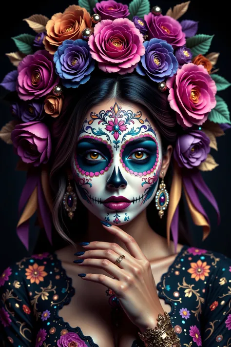 Ultra-realistic, photo-realistic, ultra-detailed intricate day of the dead face painting,detailed woman's face,high quality,realistic,HDR,UHD,studio lighting,ultra-fine painting,sharp focus,physically-based rendering,extreme detail,professional,vivid color...