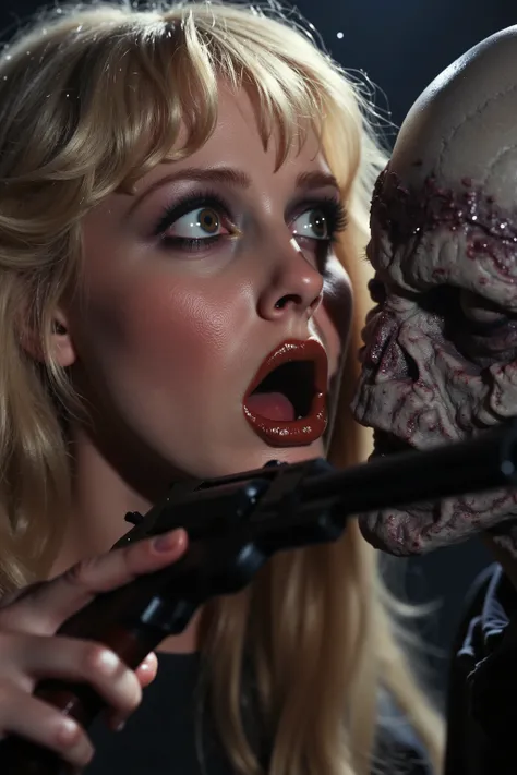 Blonde of the Dead, 1978
The blonde romanticizes with a zombie
Close up, eye contact, hypetsenual, blonde's face is flushed, excited, a pistol in her hand, cocked.
Ultra-realistic, photo-realistic, ultra-detailed, physically-based rendering, spooky atmosph...