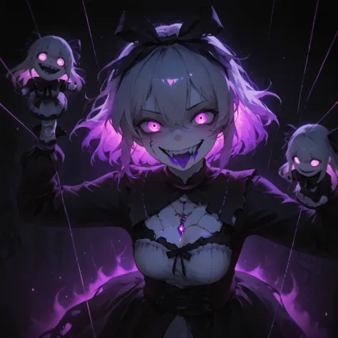 (ultra detailed), (masterpiece), (best quality), (depth of field), (sharp focus), (cinematic lighting), (dusty pink and purple tones), 1, crazy smile, fangs, tongue out, Porcelain skin with cracks, asymmetrical smile,sharp teeth, deep eyes, dizzy eyes, por...