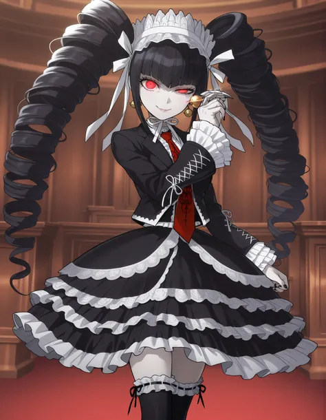 anime screencap, masterpiece, best quality, amazing quality, very aesthetic, absurdres, newest, celestia ludenberg, 1girl, solo, long hair, half-closed eye, evil smile, lips, bangs, white shirt, black hair, red eyes, long sleeves, holding, twintails, stand...