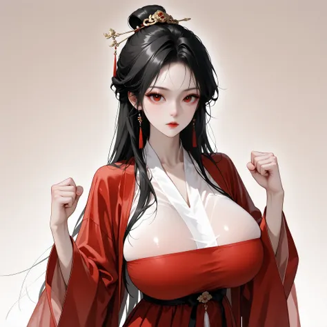 very aesthetic, 걸작, 고해상도, 8k 해상도, high contrast, (semi-realistic), newest, koreanai, RP-Illu, best_quality, finely_detailed_eyes_and_detailed_face, (1 girl, bishoujo), solo, medium_hair, braided_bun,  (slicked_side:1.4), ruanyi0750,hanfu,wide sleeves,red d...