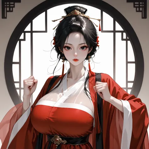 very aesthetic, 걸작, 고해상도, 8k 해상도, high contrast, (semi-realistic), newest, koreanai, RP-Illu, best_quality, finely_detailed_eyes_and_detailed_face, (1 girl, bishoujo), solo, short_hair, updo_hair,  (slicked_side:1.4), ruanyi0750,hanfu,wide sleeves,red dres...