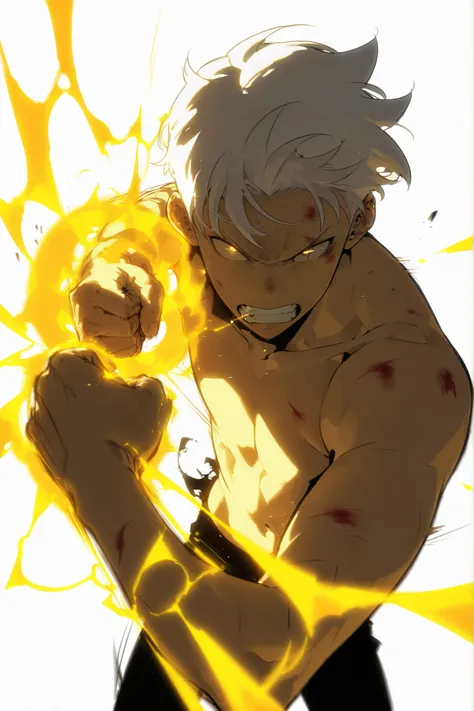 handsome, athletic, single, male, short spiky hair, long white hair, black yellow eye, no shirt, black pants, , complex sketch, expressive eyes, nose and mouth, perforation, bruised and bloody, Gritting teeth , angry, Orange electricity, Athletic body, Sli...