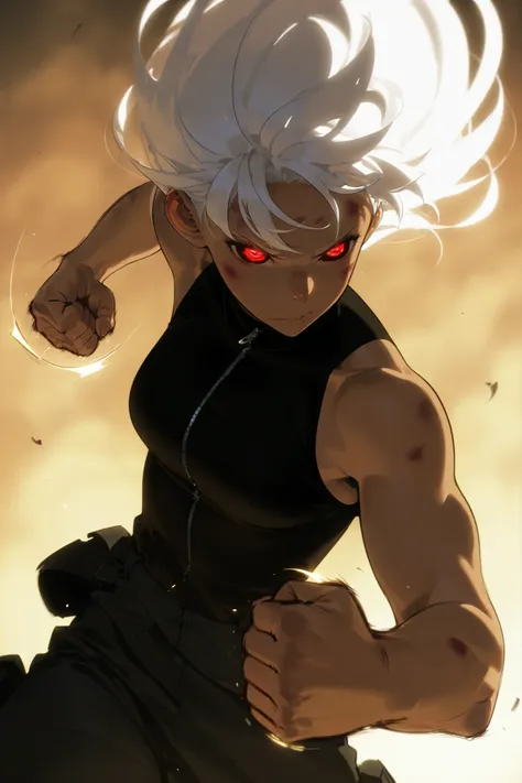 Beautifull, Athletic body, toned body, alone, woman, , white hair, black red eye, tan, black sleeveless turtle neck shirt with a open zipper, black cargo pants, , intricate sketch, expressive eyes nose and mouth, punching pose, bruised fists , 2d, solo lev...