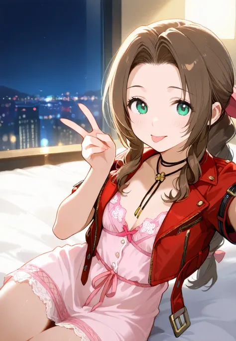 1girl,solo, aerith gainsborough, final fantasy, taking a selfie with an iphone, v, tongue out, alluring atmosphere, luxurious hotel bedroom, night time, cinematic lighting, masterpiece,top quality,warm color,high resolution,high fashion,absurdres extremely...
