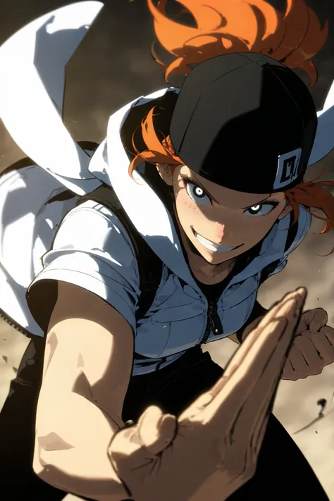 Beautifull, Athletic body, toned body, alone, woman, , orange hair in a ponytail under a black cap, black blue eye, white jacket With light armor plates on her shoulders, zipper, black pants, Freckles , smile grin, intricate sketch, expressive eyes nose an...
