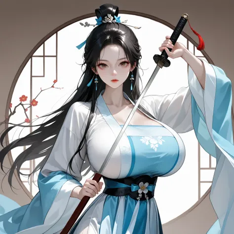 very aesthetic, 걸작, 고해상도, 8k 해상도, high contrast, (semi-realistic), newest, koreanai, RP-Illu, best_quality, finely_detailed_eyes_and_detailed_face, (1 girl, bishoujo), solo,  long_hair,  straight_hair,  (slicked_side:1.4), ruanyi0759,blue dress,hanfu,jewel...