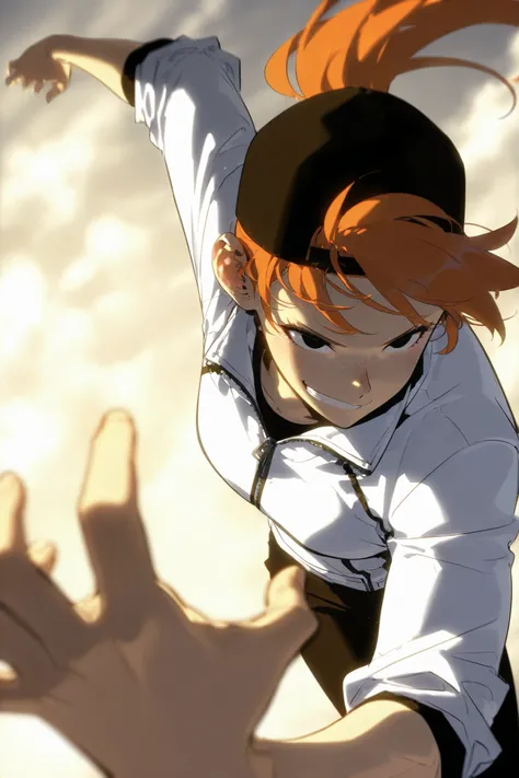 Beautifull, Athletic body, toned body, alone, woman, , orange hair in a ponytail under a black cap, black blue eye, white jacket With light armor plates on her shoulders, zipper, black pants, Freckles , smile grin, intricate sketch, Rolled up sleeves , exp...