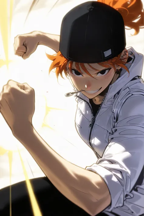 Beautifull, Athletic body, toned body, alone, woman, , orange hair in a ponytail under a black cap, black blue eye, white jacket With light armor plates on her shoulders, zipper, black pants, Freckles , smile grin, intricate sketch, Rolled up sleeves , exp...