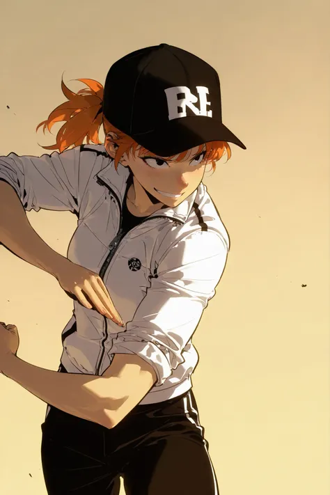 Beautifull, Athletic body, toned body, alone, woman, , orange hair in a ponytail under a black cap, black blue eye, white jacket With light armor plates on her shoulders, zipper, black pants, Freckles , smile grin, intricate sketch, Rolled up sleeves , exp...
