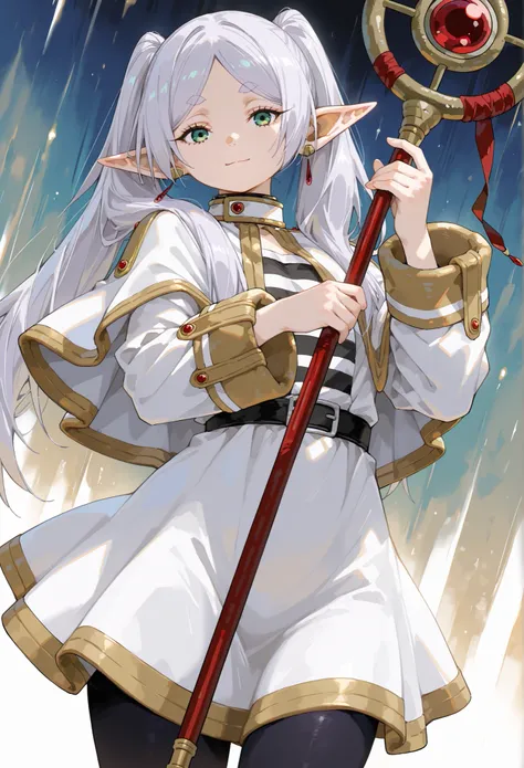 1girl, frieren, twintails, long hair, jewelry, staff, earrings, short eyebrows, holding staff, green eyes, dress, white hair, holding, pantyhose, elf, thick eyebrows, capelet, closed mouth, mage staff, long sleeves, striped shirt, parted bangs, gold trim, ...