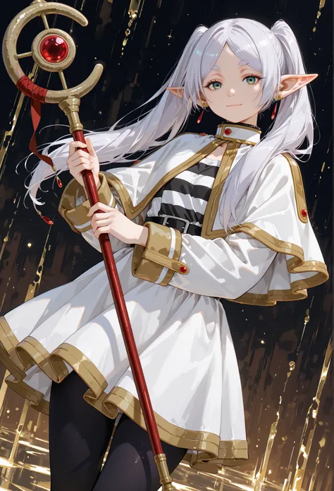 1girl, frieren, twintails, long hair, jewelry, staff, earrings, short eyebrows, holding staff, green eyes, dress, white hair, holding, pantyhose, elf, thick eyebrows, capelet, closed mouth, mage staff, long sleeves, striped shirt, parted bangs, gold trim, ...