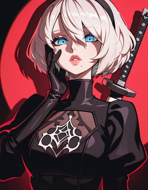 1girl, solo, yorha_no._2_type_b,  mole_under_mouth, sword, weapon, short_hair, mole, gloves, weapon_on_back, blue_eyes, white_hair, pink_lips, katana, looking_at_viewer, parted_lips, black_gloves, hairband, black_hairband, turtleneck, long_sleeves, black_dress, dress, upper_body, lips, portrait, puffy_sleeves, bangs, hand_on_own_face,
Eye glow with red reflections,
,(Perspective:1.5),
fabulous artwork,Volumetric image, HDR, high contrast,Smooth Quality , masterpiece, best quality, amazing quality, very aesthetic, high resolution,  absurdres,  newest,high contrast color,perfect composition,perspective,incredibly absurdres,  cute, ambient occlusion, highly detailed,shadows,