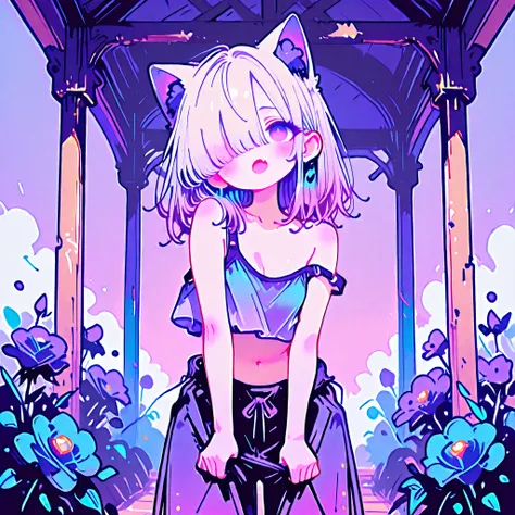 ((Masterpiece)), ((best quality, very aesthetic, absurdres, newest, detailed background, High Definition)), (8K), ((1girl)), (cute young girl), (Healthy Gaunt body, Textured skin, small chest, tilt head), (pale purple eyes, gradient eyes, upturned eyes), (...