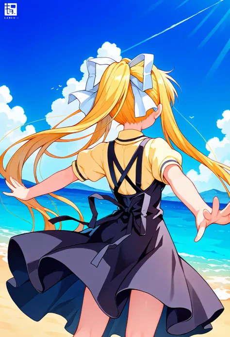 Masterpiece,Best quality, ultra detailed,Japanese Anime style, Girl, solo, blonde, Kamio Misuzu, AIR, facing backwards, back, arms outstretched, sandy beach, blue sea, blue sky, AIR logo,