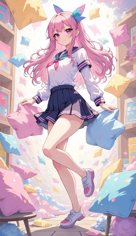 (Pillow fight battle:1.5), (A beautiful busty high school girl throws a pillow gracefully:1.5)