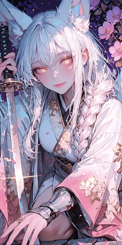 A medieval female knight in gleaming silver armor, helmet off, revealing her braided hair. She's kneeling beside a rustic outdoor fire, carefully stirring a bubbling pot of cheese over the flames. Her expression is focused and gentle, soft light from the f...
