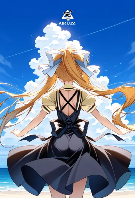 Masterpiece,Best quality, ultra detailed,Japanese Anime style, Girl, solo, blonde, Kamio Misuzu, AIR, facing backwards, back, arms outstretched, sandy beach, blue sea, blue sky, AIR logo,