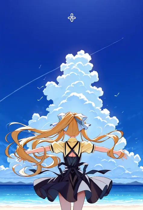 Masterpiece,Best quality, ultra detailed,Japanese Anime style, Girl, solo, blonde, Kamio Misuzu, AIR, facing backwards, back, arms outstretched, sandy beach, blue sea, blue sky, AIR logo,(( pure white round sparrows is flying near her))