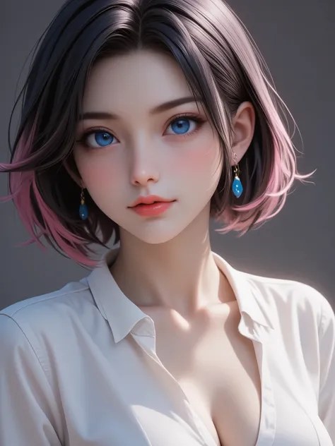 1 girl, blue eyes, bob short hair, black pink hair color tone, white shirt with collar, open button, cleavage, depth of field, first-person view, f/1.8, 135mm, Nikon, UHD, retina, masterpiece, accurate, anatomically correct, textured skin, super detail, h...