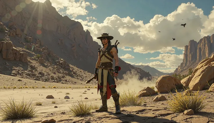 tronggg, Scaramouche (Wanderer) (Genshin Impact) in a desolate, artistic desert landscape (Death Valley, USA / Fictional)**

*   **Emotional Core:** Search for identity, isolation, quiet contemplation, finding beauty in emptiness, the journey of self-disco...