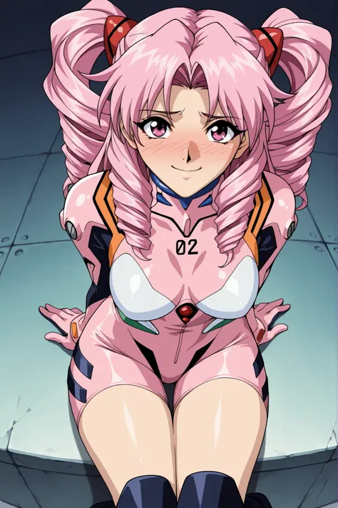 source_Evangelion,  cowboy shot, 最高品質。傑作。解剖学的に正確な。highly detailed eyes, perfect eyes, motherhood, (chiaki, pink hair, drill hair, twin tails, solo, pretty female, long hair, pink eyes, tiny, embarrassed, smile, 小さな胸。sitting feminine, hands behind back, loo...