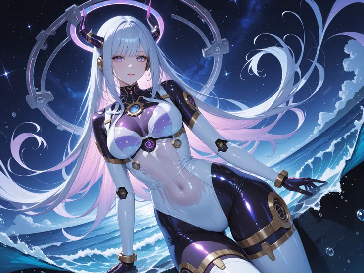 translucent,transparent,kk_sexydress_jewelry,(best quality, highres), detailed close-up of a futuristic female robot with gears exposed on her tight thigh-length suit, featuring horns. The robot is floating in mid-air against a backdrop of swirling interst...