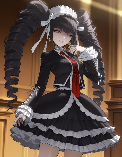 anime screencap, masterpiece, best quality, amazing quality, very aesthetic, absurdres, newest, (scenery, volumetric lighting), celestia ludenberg, 1girl, solo, long hair, half-closed eye, evil smile, bangs, lips, white shirt, black hair, red eyes, long sl...