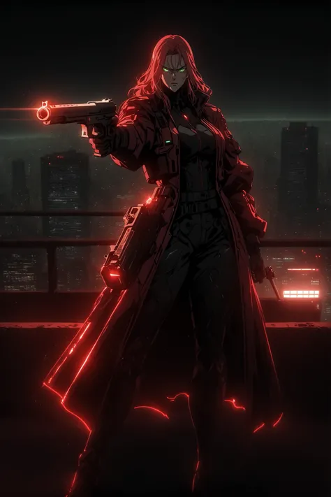 dark_art_style,holding weapon, holding gun, handgun, aiming at viwer,full body,,w34p0ns_p0s3s,w34p0ns_p0s3s, Female mature, straight long red hair, green eyes, assassin, two futuristic pistols, cyberpunk, background night city, red shiny jacket, action, ro...