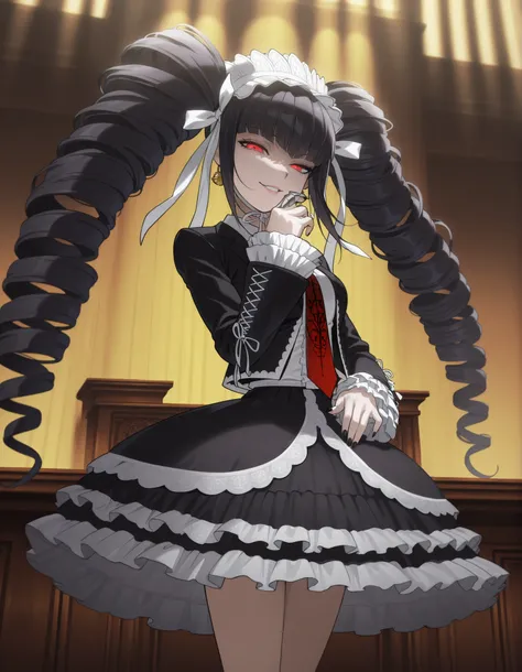 anime screencap, masterpiece, best quality, amazing quality, very aesthetic, absurdres, newest, (scenery, volumetric lighting), celestia ludenberg, 1girl, solo, long hair, half-closed eye, evil smile, bangs, lips, white shirt, black hair, red eyes, long sl...