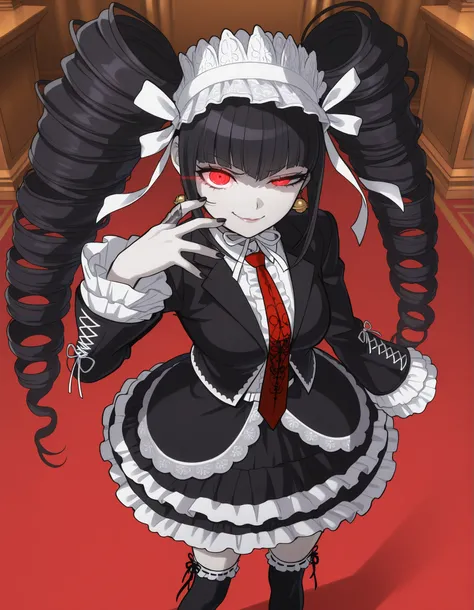anime screencap, masterpiece, best quality, amazing quality, very aesthetic, absurdres, newest, celestia ludenberg, 1girl, solo, long hair, half-closed eye, evil smile, lips, bangs, white shirt, black hair, red eyes, long sleeves, twintails, standing, bell...