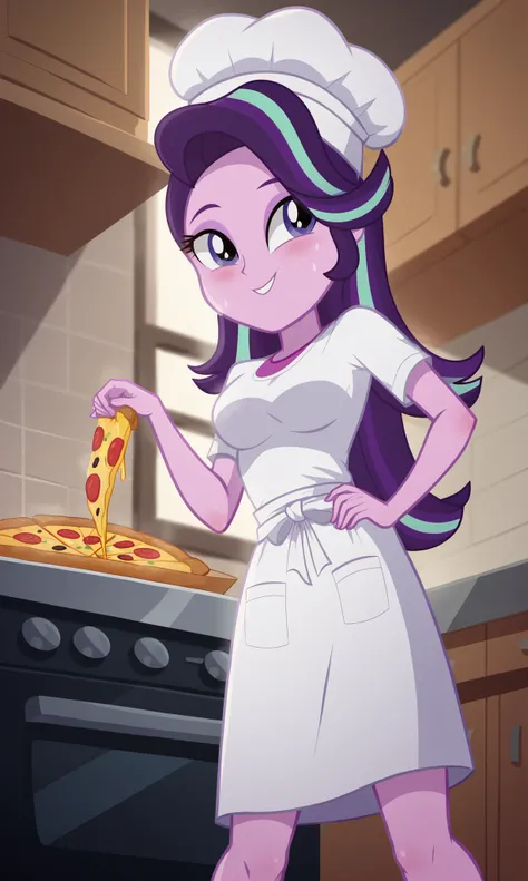 masterpiece, detailed image, soft skin, style_2d_chibi, , starlight_glimmer, (starlight glimmer) 1 girl, colored skin, pink skin, violet hair, highlighted hair, long hair, green highlights, purple eyes,,, ((Focus on face)),, , cute chef girl, chef hat, on...