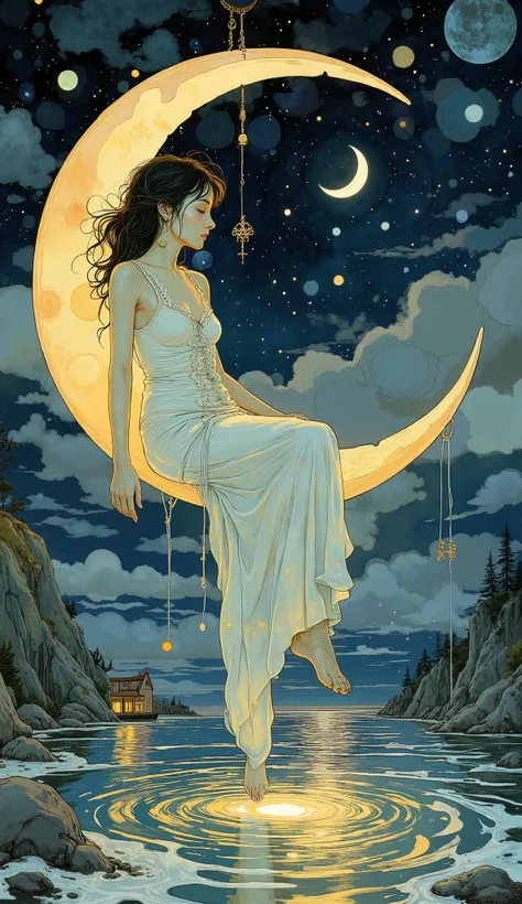 and is quietly sitting on the March moon, Vast, she floats in the sparkling sea below the night sky. Her posture is relaxed; one leg hangs down from the side、lightly bathed in the shimmering water below the night sky. It looks like they are wearing loose c...