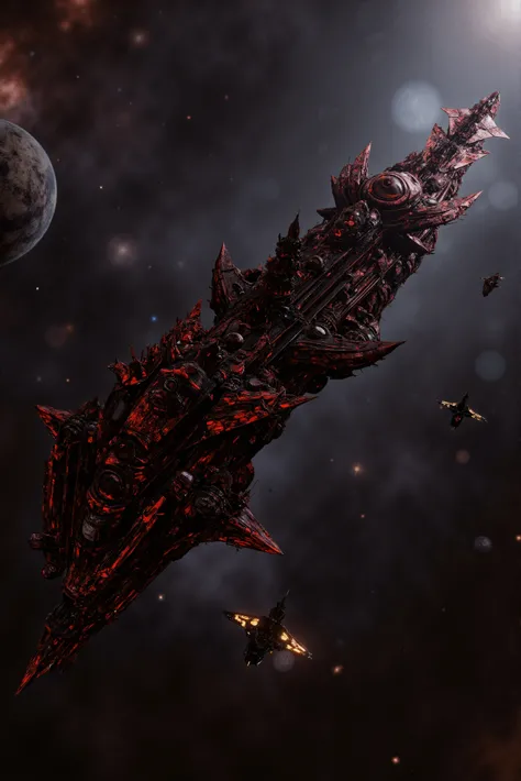 a gothic cathedral style steampunk spaceship battle carrier in outer space, black and red, orbiting a destroyed planet, with a space fighter escort, best quality, very detailed, uhd, hdr, dynamic, gritty