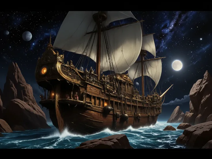 Steampunk wooden ship sailing in space among the stars, a month in the distance where an ancient city, a school of ghostly fish hides behind asteroids