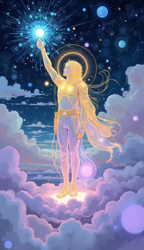 is pale, A person in a glowing suit is standing above the clouds, and emits a celestial aura. , like々and vibrant, star shape where one arm shines、extends upwards. This star-like display radiates brightly, due to the golden light that illuminates the surrou...