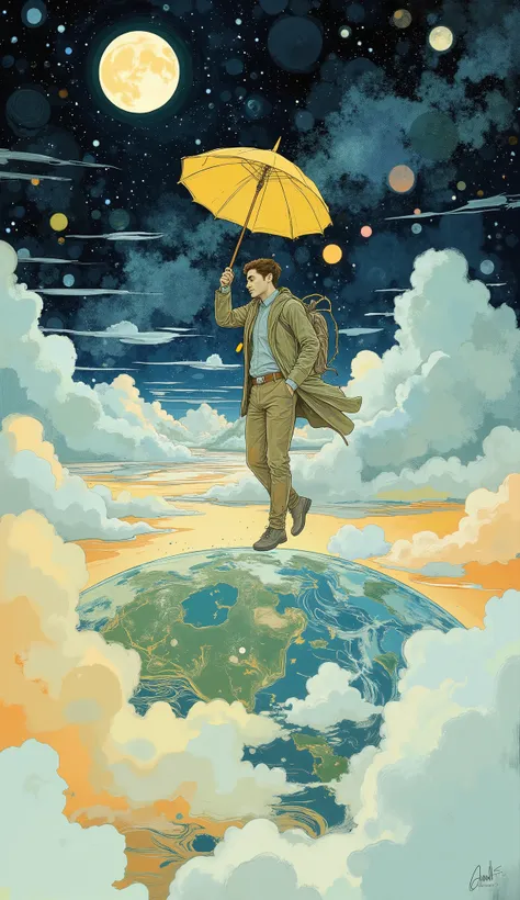 brightly colored painting of a man flying over a planet with a yellow umbrella, blurry and Dreamy illustration , blurred and Dreamy illustration , Android Jones and Eighty Gylan, inspired long shorts, Atay Geiran and Steve McQuarrie, sitting in a cloud lan...