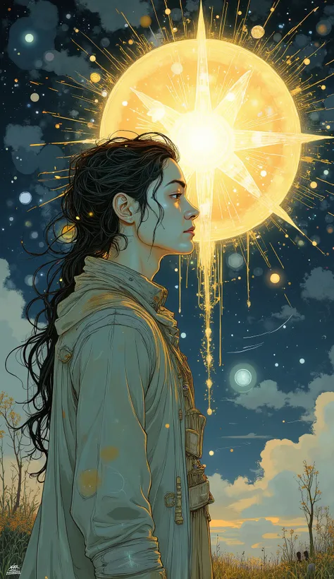 close-up of a person standing in front of a star, Mason in the Major Arcana shines in the sky, under a quiet night sky, Mika Picasso's promo art, profile picture, Fred Tomaselli , Tadashi Nakayama, Joe Webb, Star Flare, Tim White, Holy Brilliance , Natu...